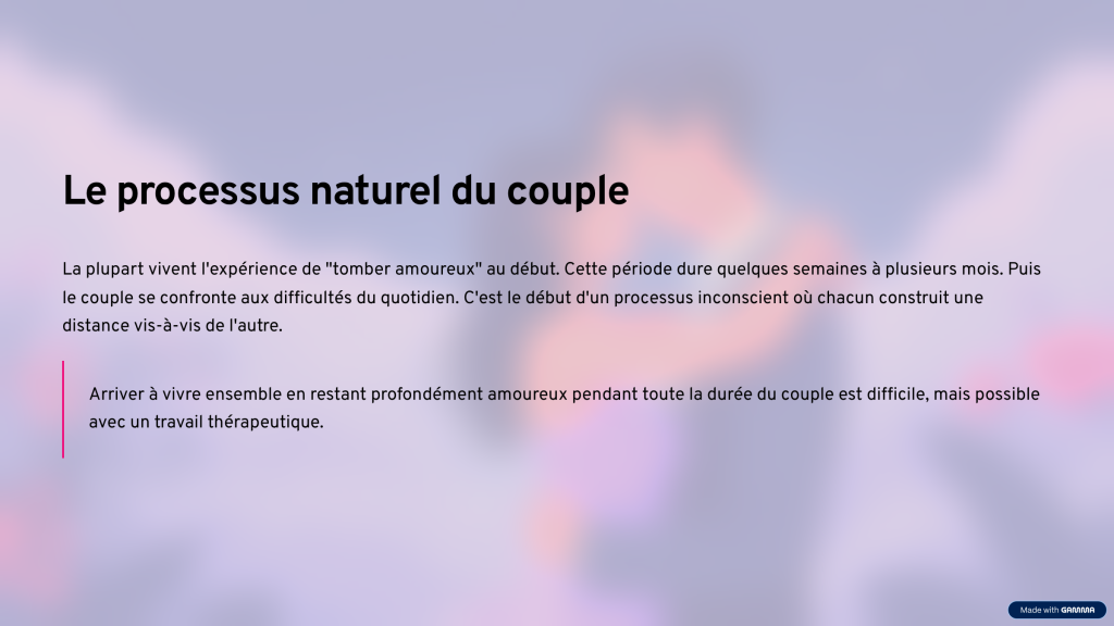 le processus naturel du couple
arriver à vivre ensemble en restant amoureux pendant toute la duree du couple avec un travail therapeutique