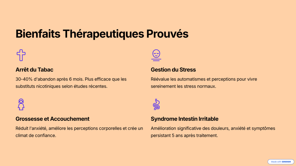 bienfaits therapeutique
arret tabac
gestion du stress
grossesse accouchement 
syndrome intestin irritable