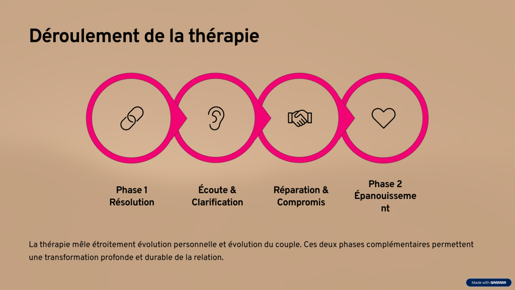 deroulement de la therapie
phase 1 resolution
2 ecoute et clarification
3 reparation et compromis
4 epanouissement
ces phases permettent une transformation de la relation