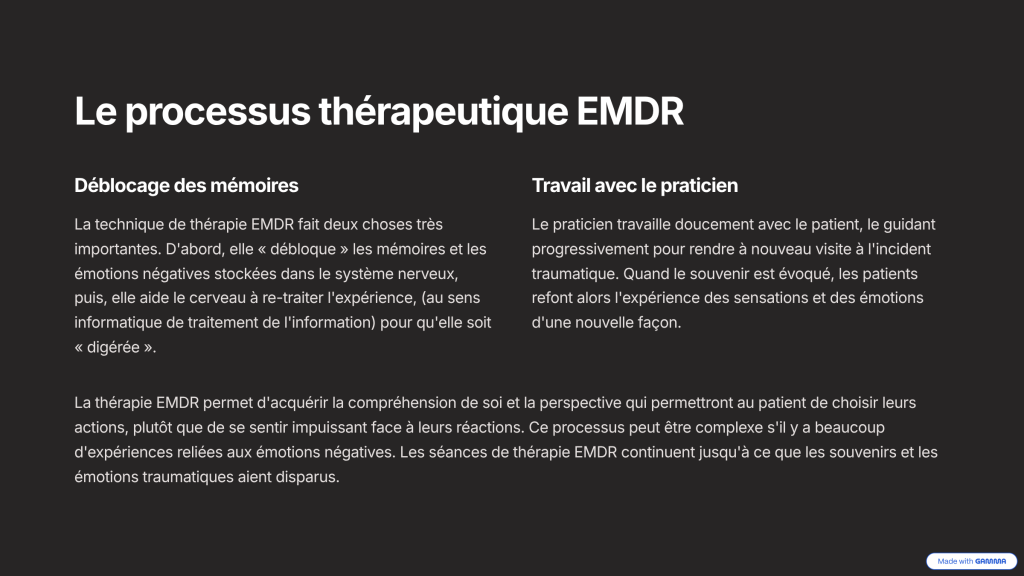le processus therapeutique emdr
deblocage des mémoires
travail avec le praticien