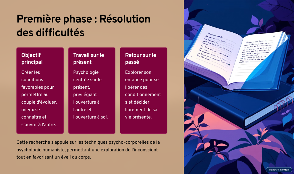 phase 1 resolution des difficultes
objectif creer des conditions favorables
travaille sur le present, concentrer sur le present l ouverture à l autre
retour sur le passé
explorer son enfance pour se liberer