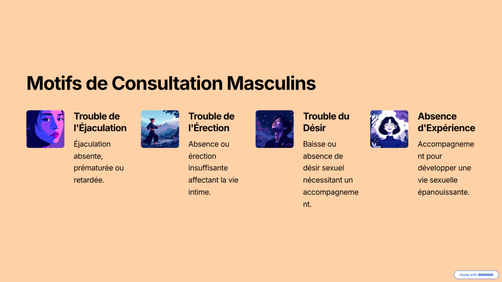 motifs de consultation masculins
trouble de l'ejaculation
trouble de l'erection
trouble du desir
absence d 'experience
